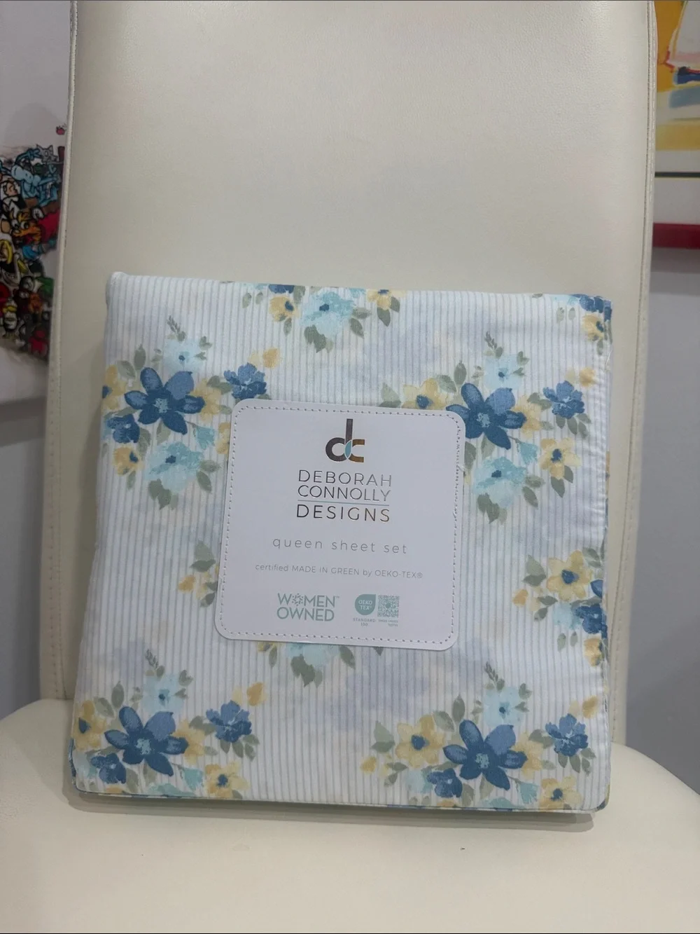 Deborah Connolly White/Blue/Yellow Floral /Stripes Queen Sheet Set